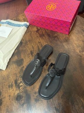 Tory Burch Black Leather Cutout Logo Thong Sandals